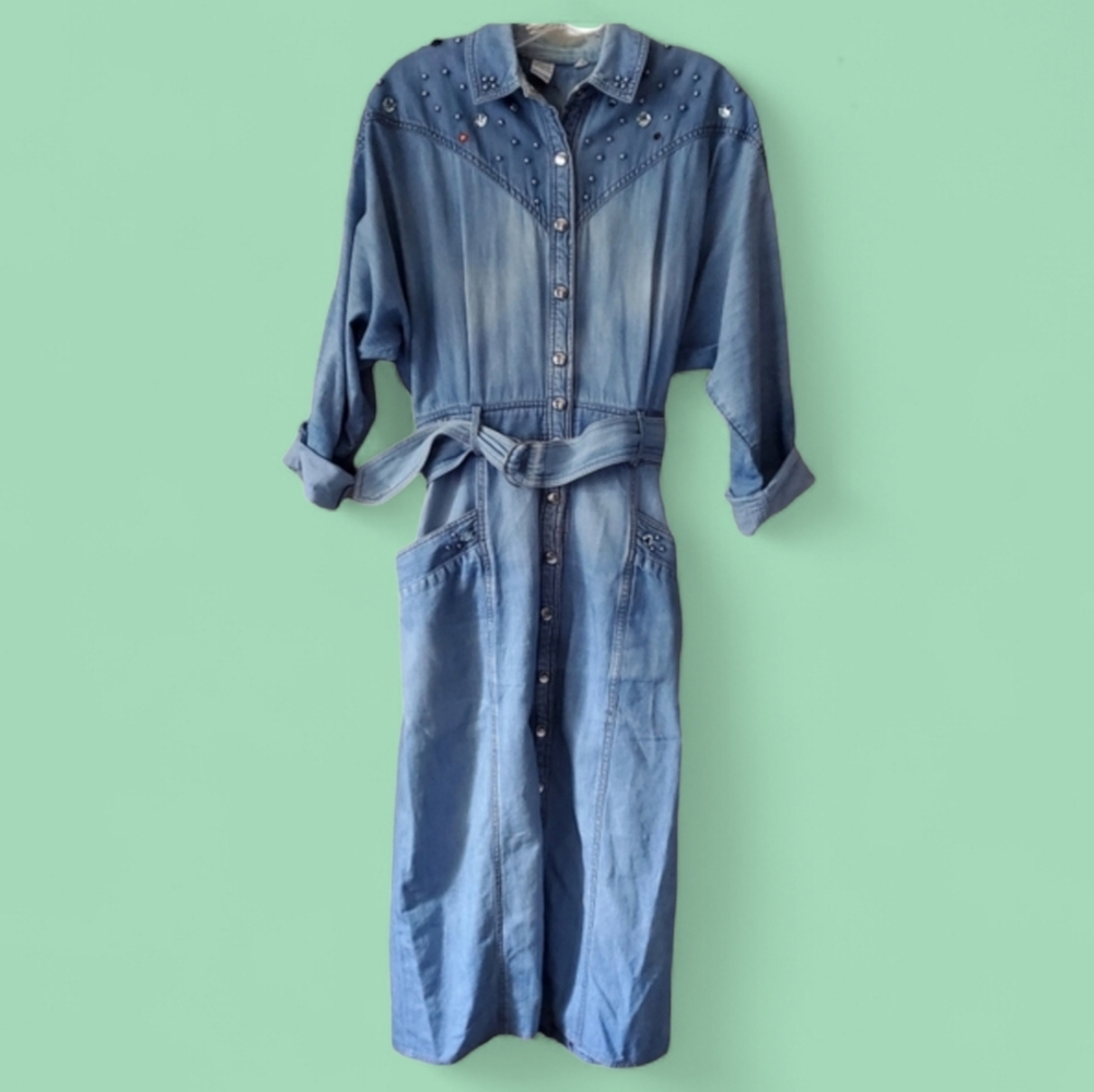 Vintage 80s Rhinestone midi cowgirl DENIM dress size 12